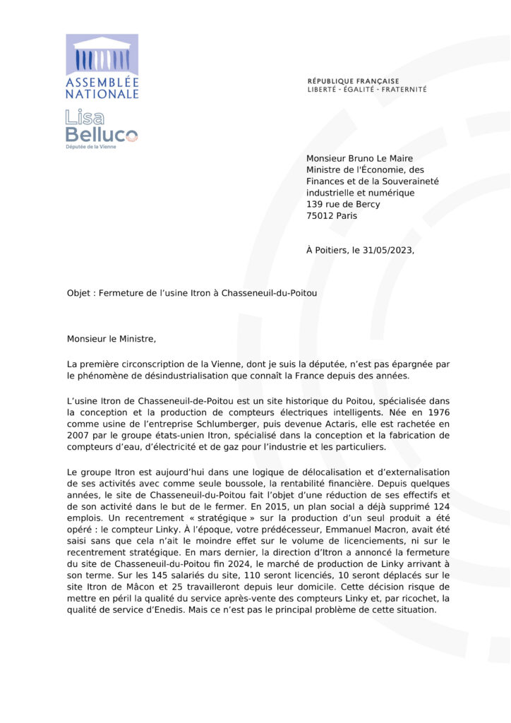 Image du courrier adressé au ministre de l'Économie, Bruno Le Maire.
