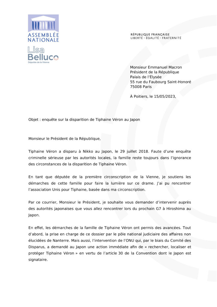 Image du courrier adressé à Emmanuel Macron au sujet de la disparition de Tiphaine Véron.